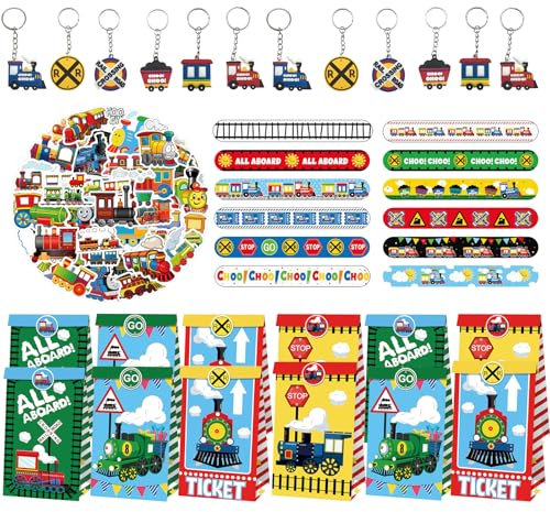 JWTRSVTY 86Pcs Zug KinderGeburtstag Party Mitgebsel, Zug Thema Partygeschenke, Party Klatschen Armband Zug Schlüsselanhänger Geschenktüten Zug Stickers, für Jungen Mädchen zug party Supplies