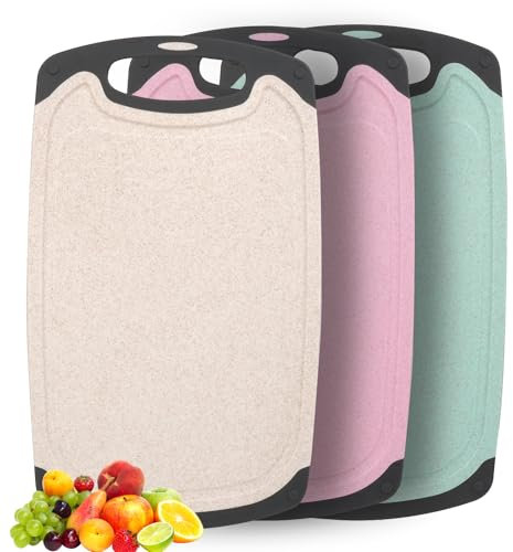 Ezvsevuo Tabla de Cortar, 3 Piezas Tabla Cortar Cocina de Plástico sin BPA, Tablas de Cortar con Ranura para el Jugo y Asas, Antibacteriana y Antideslizantes Cutting Board para Verduras/Frutas/Carnes