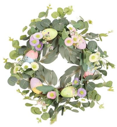 Türkranz Frühling Osterkranz mit Eiern und Gänseblümchen, 35cm Dekorativer Künstlicher Tischkranz