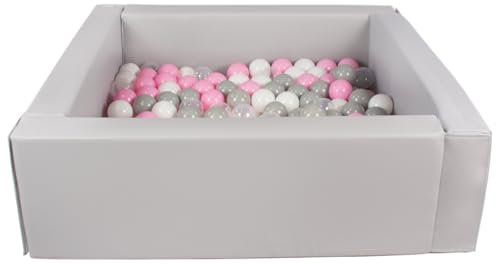 Velinda Bällebad Bällepool Bällebecken Spielbecken Kinderpool quadratisch 200 Bälle (Farbe des Pools/der Bälle: grau/weiß, transparent, rosa, grau)