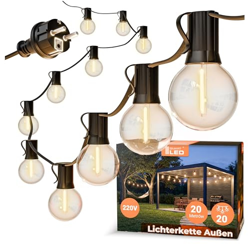 Lichterkette Außen Outdoor LED Strom,20M Außenbeleuchtung E12 mit Stecker, 20 Glühbirnen, IP65 Wasserdicht Wetterfest Lichterkette Glühbirnen für Garten Terrasse Party Weihnachten, Warmweiß