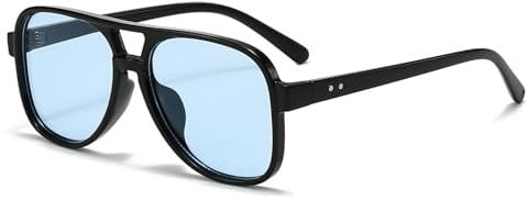 Long Keeper Retro Pilot Sunglasses for Women Men Vintage Aviation 70s Sunglasses Oversized Square Double Bridge Sun Glasses UV400 Protection (Black Frame - Blue Lens)