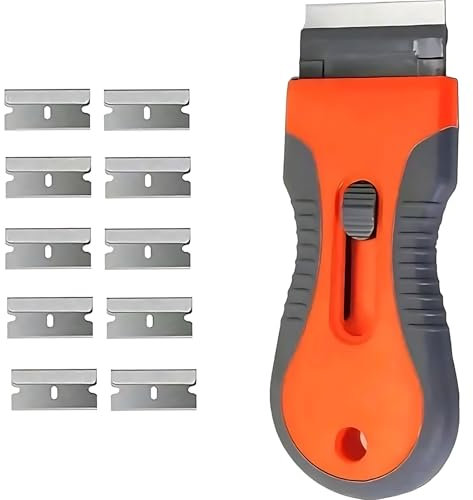 Cleaning Scraper Tool Set – Plastic Razor Blade Scraper for Glass, Oven, Ceramic Hob & Windows – Non-Scratch Blade Scraper with 10 Replacement Blades – Sticky Label, Paint & Tar Remover