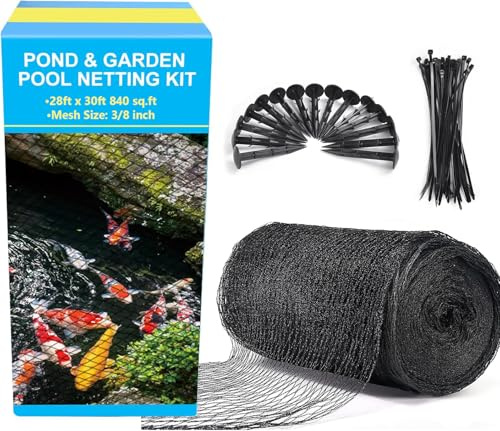BUZIFU Teichnetz, 28 x 30 FT Teichnetz für Koiteiche, Gartenpool, feinmaschig, Teichnetzabdeckung für Blätter, schützt Koifische vor Vögeln, Katzen, Raubtieren, mit 14 Heringen und 30 Kabelbindern