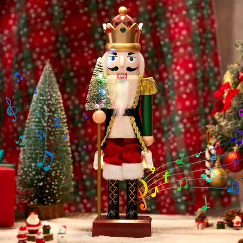 Weihnachtsdekoration Nussknackerkönig Figuren, 40cm Nussknackerpuppe Traditionelle Weihnachts-Nussknackerfiguren mit Musik & LED, Kinderspielzeug Geschenk Tischdeko für Zuhause Weihnachtsfeier Dekorat