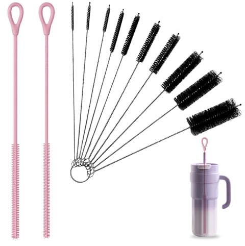 Lot de 12 brosses à paille - 6 mm et 9 mm - Extra longues - En silicone - Petit goupillon fin - Pour pailles en verre, pailles en plastique et acier inoxydable - Rose