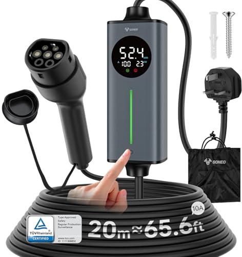 GONEO Portable Electric Car Charger UK 3 Pin EV-Charger 2.3KW | Single Phase Type 2 Charging Cable 20M | Temperature Monitoring+Ground & RCD AC 30mA+DC 6mA Protection | time and current adjustable
