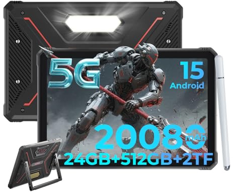 HOTWAV R9 Ultra 5G Tablet resistente, 24 GB + 512 GB/TF 2 TB Android 15 Tablet con penna, 11 pollici 2K FHD+ Rugged Tablet, 20080 mAh, 64 MP + 16 MP, Octa-Core, Dual SIM/Gemin AI/OTG/Face ID/IP68& | Android 15/64MP+20MP/Gemini AI/20W Charge/Dual SIM/IP68&IP69K MIL-STD-81OH/Face ID/OTG/WLAN 5 per esterni/cantieri