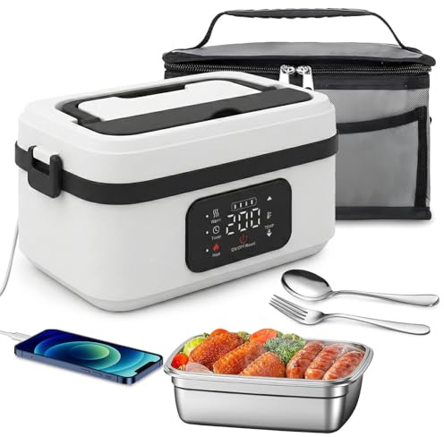 Scaldavivande Elettrico Portatile, Scaldavivande a Batteria Ricaricabile Scalda Vivande per Adulti, 1L Lunch Box Elettrico Senza Fili Con Timer, Scaldavivande USB con Stoviglie e Borsa Termica