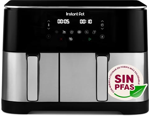 Instant Pot Vortex Dual 11L Friggitrice ad Aria senza PFAS, Grande due cestelli, 7 L+4L, 8 in 1 – disidratazione, grigliatura, cottura al forno, rivestimento antiaderente – Acciaio Inossidabile