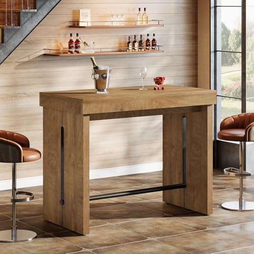Tribesigns Bartisch, 105 x 50 x 95 cm rechteckiger Hochtisch mit Metall-Fußstütze, rustikales Braun Esstisch, Kneipentisch für Zuhause, Küche, Esszimmer, Bistro