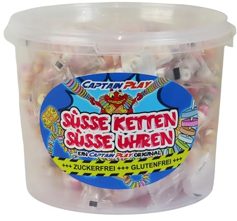 CAPTAIN PLAY Retro Süßigkeiten Box mit Süße Uhren und Süße Ketten ohne Zucker in Einzelverpackung, zuckerfreie Süssigkeiten, glutenfrei, 1er Pack (1 x 762g)