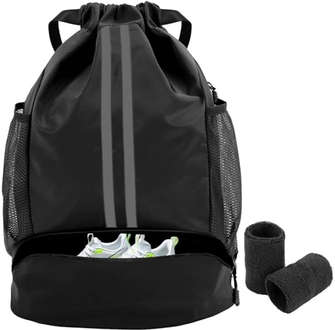 HFCOONY Women Drawstring Gym Bag Waterproof PE Bag With Shoe Compartment | large sports backpack for adults wet dry separation wet bags for swimming yoga travel football boot bag daily pe kit