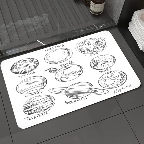 DALEXHM Badteppich rutschfeste,weicher Badezimmerteppich Wasserabsorbierend Badematte Badvorleger für Dusche,Gekritzel, Planeten des Sonnensystems: Sonne, Merkur, Erde, Mond,50x80cm
