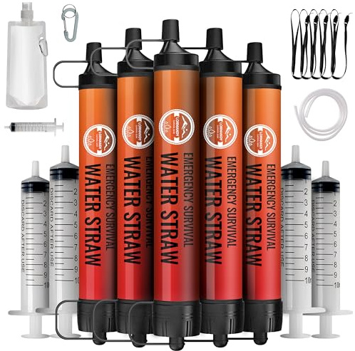 GOLDJU Wasserfilter Outdoor 5 Pack- Trinkwasserfilter für 3000 Liter Filtergenauigkeit bis zu 0,1 Mikron, Entfernt 99,99% aller Bakterien - Water Filter für Notfall, Survival & Camping,BPA-frei,Orange