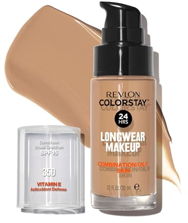 REVLON - ColorStay Base de Maquillaje SPF 15, con Vitamina E, Cobertura Media-Alta, Larga Duración, Acabado Mate, Resistente al Agua, para Piel Mixta-Grasa, Tono 350, Rich Tan - 30 ml