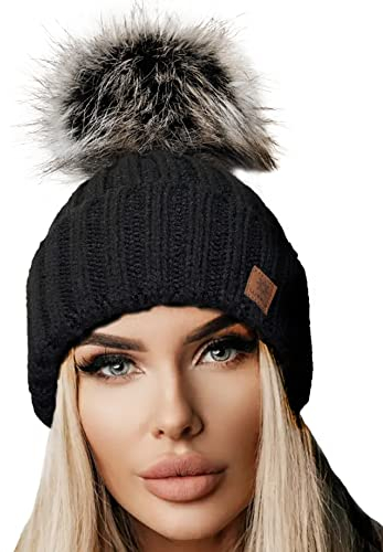 4sold Winter Cristallo Più Grande Pelliccia Pom Pom invernale di lana Berretto Delle Signore Delle Donne Beanie hat Pera Sci Snowboard di moda (Nero)