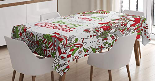 ABAKUHAUS Weihnachten Tischdecke, Sankt-Schneemann-Wünsche, Pflegeleicht Waschbar Schmutzabweisend und mit Klaren Farben Hochwertiger Druck, 140 x 170 cm, Weiß Rot Grün