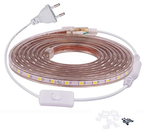 FOLGEMIR 8m Warmweiß LED Band mit Schalter, 220V 230V Lichtleiste, 60 Leds/m Strip, IP65 Lichtschlauch, milde Hintergrundbeleuchtung