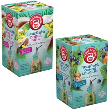 Pompadour 1913 | 1 x Tisana Fredda Drena Cell Betulla e Cocco | 1 x Tisana Gambe Leggere Ortica e Mirtillo | Totale 36 Bustine (90 Gr) | Infusioni Fredde Senza Caffeina