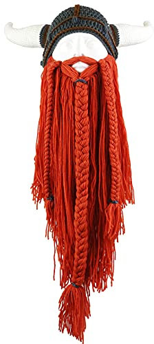 MerryJuly Herren Kopf Barbarian Vagabond Beanie Original Faltbare Bartmützen Wikinger Hörner Bartmützen (Wikinger Bartmütze lang orange)
