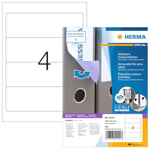 HERMA 10141 Ordnerrücken Etiketten ablösbar kurz breit, 1400 Blatt, 192 x 61 mm, 4 pro A4 Bogen, 5600 Stück, selbstklebend, bedruckbar, blickdicht, Papier Ordneretiketten Rückenschilder Aufkleber weiß