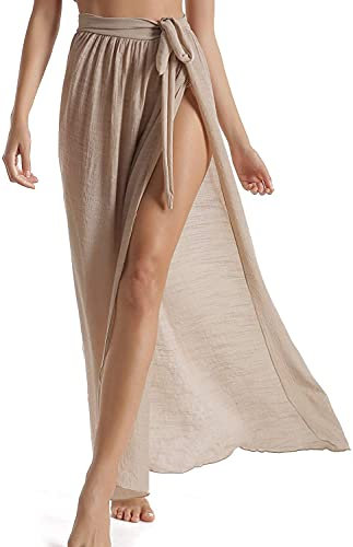 JFAN Pareos Playa Mujer Vestido Verano de Media Falda Wrap de Playa con Tirantes Talla única Kakhi