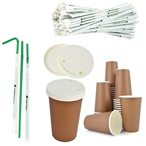 PZ 50 BICCHIERI IN CARTONE MARRONI DA 470 ML + PZ 50 COPERCHI IN CARTA CON FORO + CANNUCCE COMPOSTABILI IMBUSTATE IDEALI PER BIBITE ACQUA, ARANCIATA E BEVANDE GASSATE