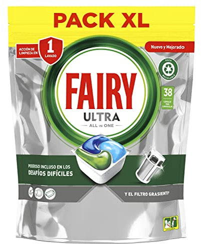 Fairy Ultra Original Todo en Uno Pastillas Lavavajillas, 38 cápsulas, Elimina Acumulacion Grasa en Lavavajillas, Aroma Limpio y Fresco