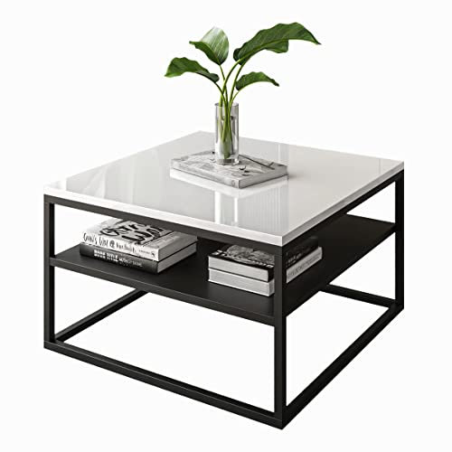 lukmebel Couchtisch Nova mit Regal Modern für Loft-Räume Pulverbeschichteter Edelstahl 17mm Tischplatte 68,5x68,5x48cm Ergonomisch Bequem Schwarz/Weiß glänzend in Hochglanz