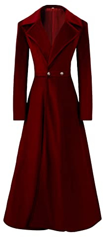 Women's Gothic Velvet Trench Coat Long Sleeve Lapel Vintage Long Cardigan Coat Steampunk Fall Winter Warm Overcoats, Red, L