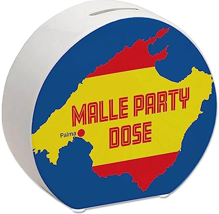 Malle Party Spardose mit Mallorca Motiv in den Farben der spanischen Flagge für Liebhaber von Mallorca und Saufeskapaden als Geschenk für einen Guten Kumpel