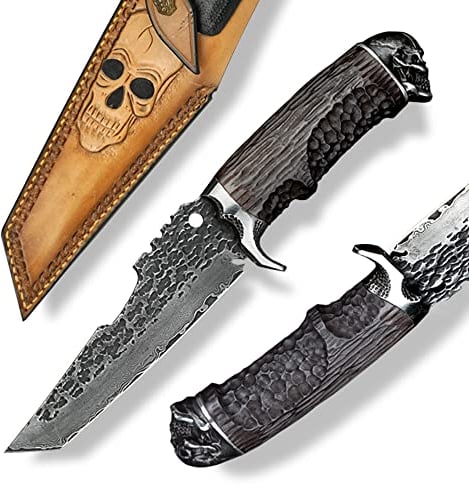Dellinger Skull & Coltello da caccia e acciaio damasco giapponese VG-10 e lama 140 mm