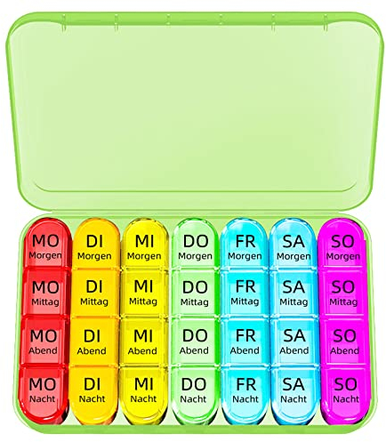 Doruimi Tablettenbox 7 Tage Morgens Mittags Abends, Klein Pillendose Große Fächer, Medikamentenbox 7 Tage 4 fächer mit Einfachem Offenem Design FüR Kinder äLtere und Arthritische HäNde - Grün