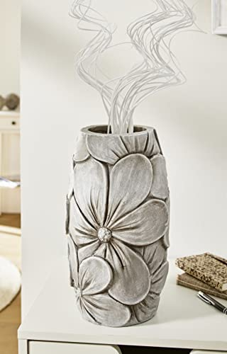 Dekoleidenschaft Dekovase Blüten in grau mit Antik Finish, 32 cm hoch, Vase für Trockenblumen, Tischvase, Blumenvase