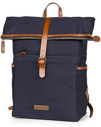 DRAKENSBERG Rolltop Rucksack 'Archie' aus Canvas und Leder mit Laptopfach - im Urban-Design für Arbeit, Schule, 20-30L - Marine-Blau, DR00154
