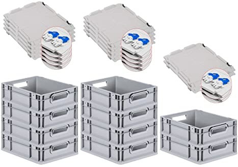 PROREGAL SuperSparSet 10x Eurobox NextGen Grip mit Scharnierdeckel und blauen Schiebeschnappverschlüssen, HxBxT 12x30x40cm, 11 L, Grau, Griffe offen, Eurobehälter, Transportbox