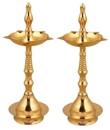 TIED RIBBONS Brass Diya for Pooja | Kerala Diyas | Gold, 5 | Set of 2 | Kuthu Vilakku Stand | Samai Diya | Deepawali Diwali Decorations for Home, Mandir, Temple, Festival | Indian