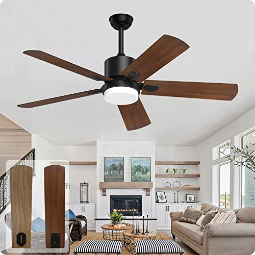 Biukis Deckenventilator mit Beleuchtung, Leise 6 Geschwindigkeiten 3 Dimmbare Farbtemperatur Deckenventilator mit Fernbedienung Leise, Ø132 cm für Wohn-, Schlaf- und Esszimmer - Walnuss