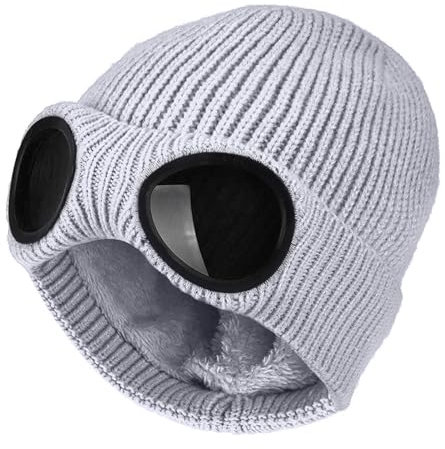 FIFTHAVE Beanie Mütze Herren & Damen, Wollmütze Wintermütze Strickmütze Beany Mütze Hut Laufmütze mit Brille Weich Stretchy Hüte Warme Outdoor Sport Cap Grau