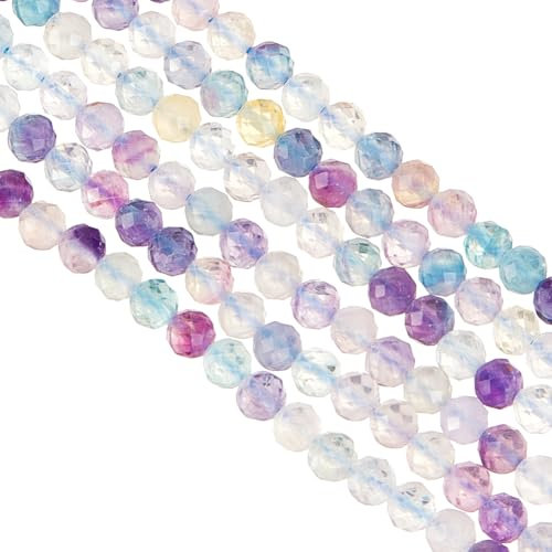 OLYCRAFT 192 Stück 4mm Natürliche Fluorit Perlen Facettierter Natürlicher Fluorit Stein Natürliche Regenbogen Fluorit Perlen Edelstein Perlen Für Halsketten Schmuckherstellung - Loch: 0.5mm