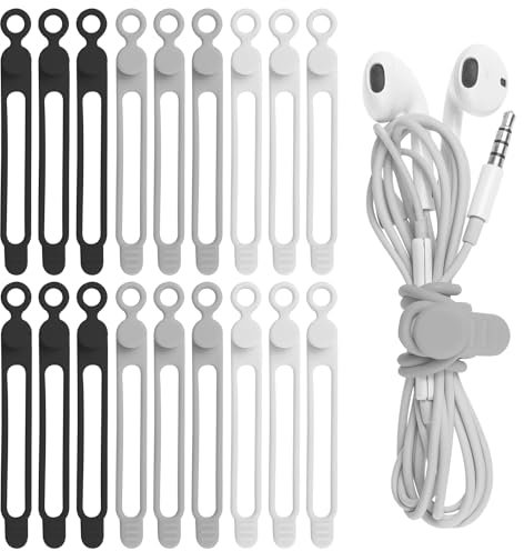 Nearockle 18 Stück Silikon Kabelbinder, Kabelbinder Wiederverschließbar für Handy Ladegerät, Kabelbinder Set, Kabel Organizer für Zuhause, Büro, Küche, Schule (Weiß+Schwarz+Grau)