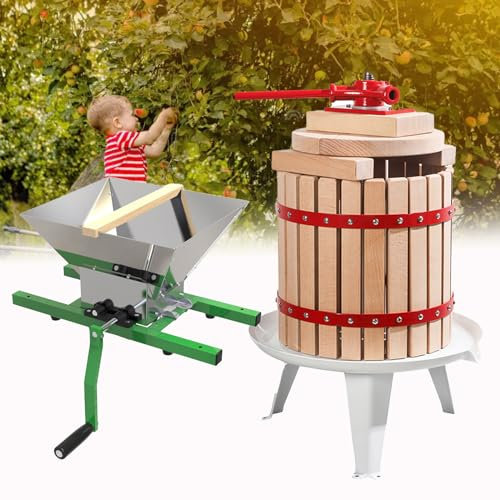 Obstpresse + 7L Obstmühle Hölzernem Korb Fruchtpresse Weinpresse Beerenmühle Obstpresse Maischemühle Traubenmühle Mobile Weinpresse Set für Selbst Gemachten für Apfelwein Fruchtsäfte,12LA+7LB