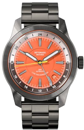 DeTomaso World Explorer Automatic GMT Gray ORANGE Grau Orange Herren Armbanduhr Analog Automatik Stahl Armband Grau