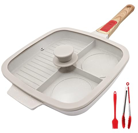 Bobikuke 3 Section Grill Pan for Stove Tops with Detachable Handle, Nonstick Versatile Griddle Pan with Lid, Square Skillet PFOA Free, White