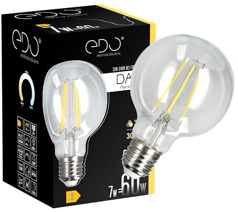 EDO Dekorative Glühbirne LED DARI E27 Filament 7W Warmweiß 3000K 806lm CLEAR G80 Leuchtmittel Energiesparlampe Lampe Dekorative Ideal für Retro- und Industrial-Design