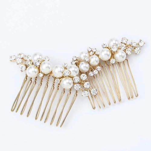 Handcess Braut Hochzeits Haarkamm Gold Perlen Kopfbedeckung Kristall Haarteile Braut Haarschmuck für Frauen und Mädchen (2 Stück)