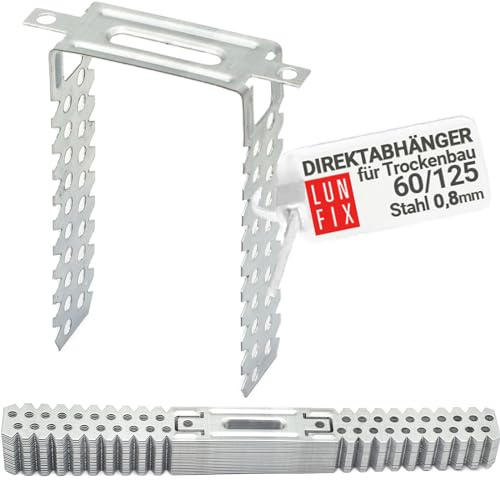 LUN FIX Suspensions Directes 60/125 mm 0,8 mm, 100 pcs | Équerre Pour Profilé En U CD 60/27, Suspension Plafond Fixation Placo, Attache Plafond Métal Acier Galvanisé Rail Placo