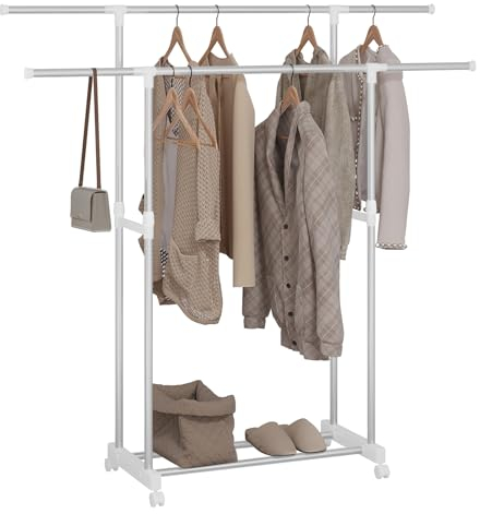 WOLTU Kleiderständer mit 2 Kleiderstangen, Garderobe mit Rollen und Ablage, Garderobenständer höhenverstellbar, Standgarderobe Metall Stabil, (75,5–151,5) x(94–171) x42 cm, Silber Weiß
