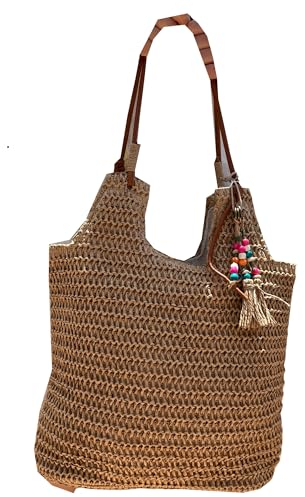 Sac pour femme en paille raphia pour été plage, nacelle en osier faite à la main, grand panier à bandoulière style ethnique bohème avec décorations, marron